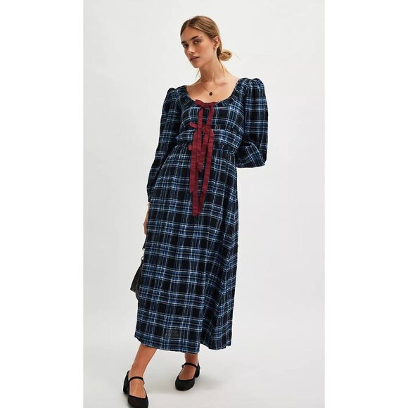Free People Damson Madder Plaid Dakota Bow Dress Size 2 XS - Picture 1 of 5